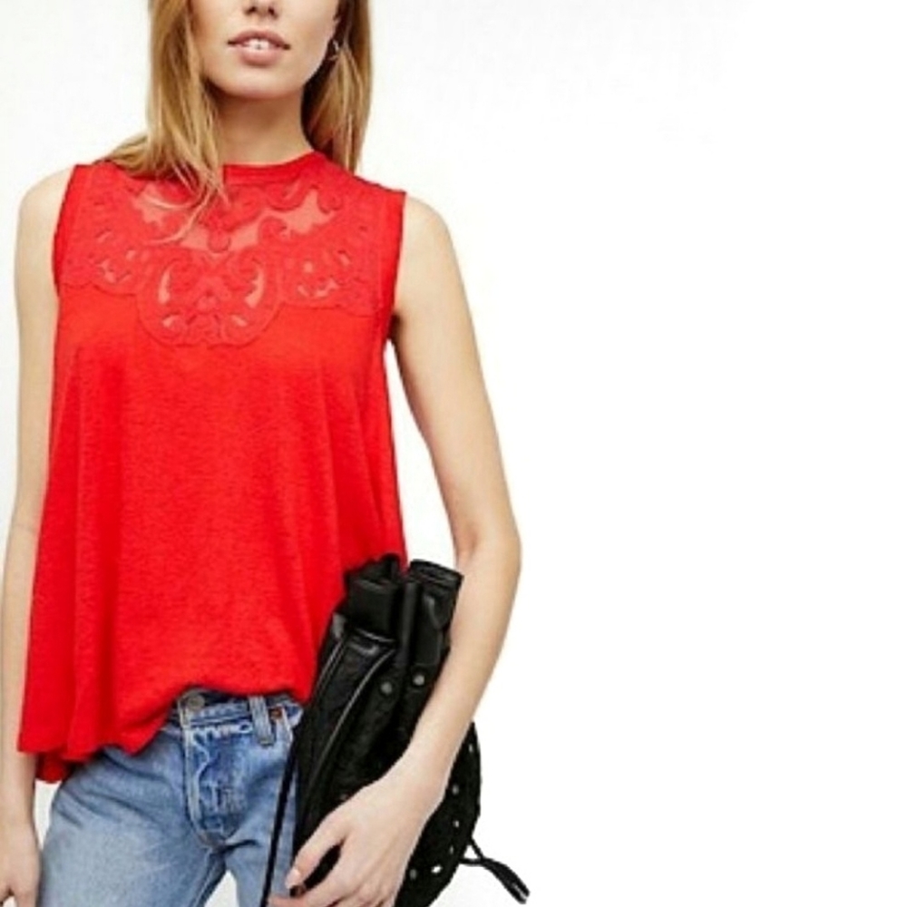 Free People Bright Red Lace Yoke Sleeveless Tank